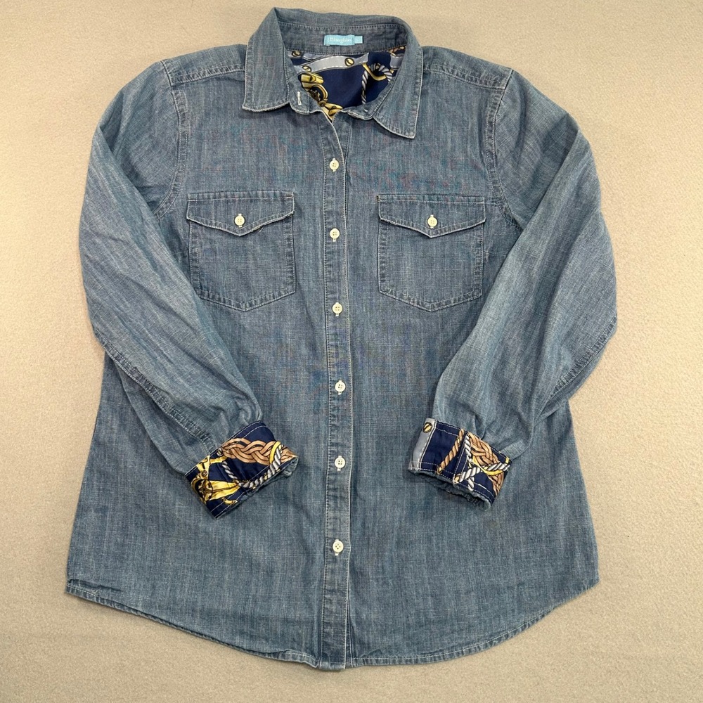 J.McLaughlin Button Down Shirt Womens Small Blue Chambray Nautical Trim Denim